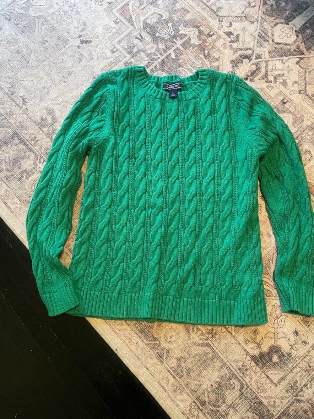 Lands' End Kelly Green Cable Crewneck Sweater